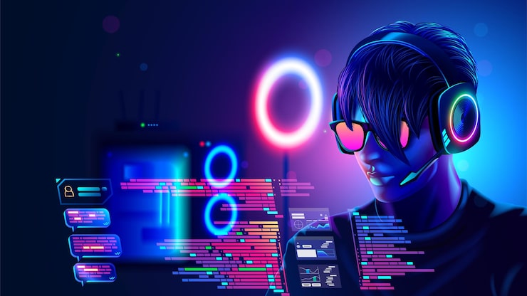 Vector programmer or coder programming on computer text of code of program portrait man working over laptop in dark room with neon lights guy with headset glasses look at code on screen computer hacker