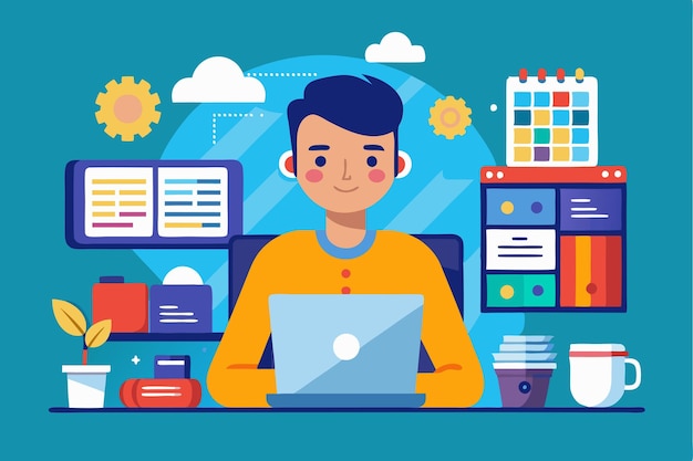 a programmer sits at a bright desk focused on coding with a laptop and an organized array of supplies programmer customizable flat illustration