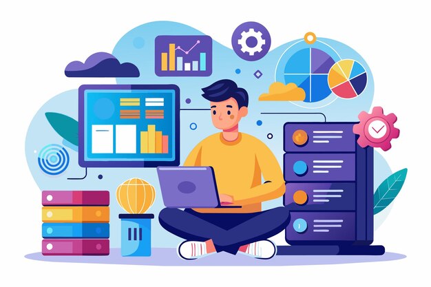 프로그래머는 차트와 데이터베이스에 둘러싸인 대규모 데이터를 관리하기 위해 노트북을 사용하여 다리를 교차하여 앉아 있습니다.