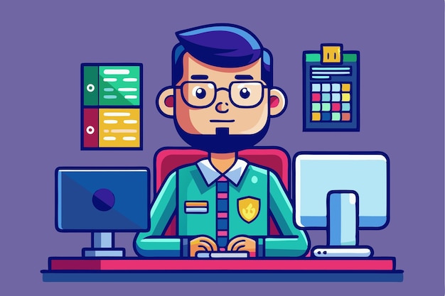 a programmer sits at a desk focusing on tasks surrounded by colorful notes and two computer screens programming customizable cartoon illustration