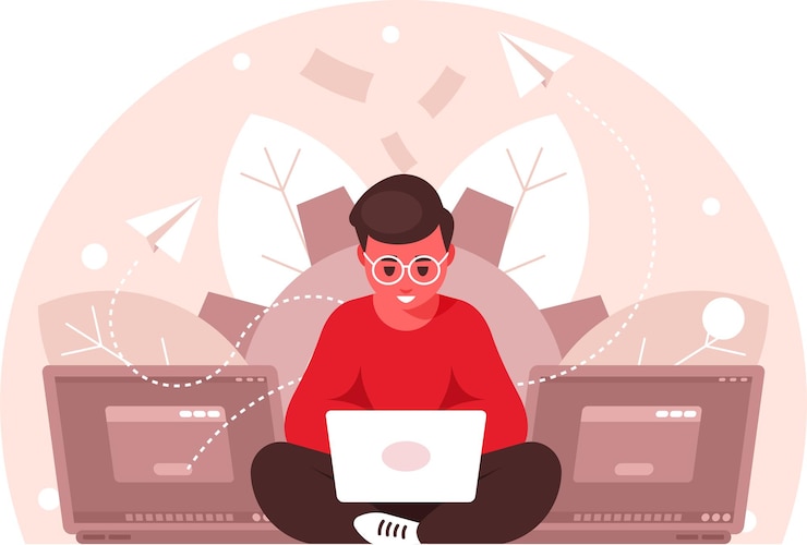 Vector programmer sitting in lotus pose with laptop and working coding experience and software development