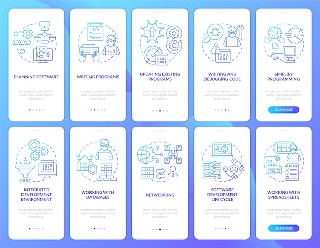 Set di schermate dell'app mobile per l'onboarding del gradiente blu delle abilità del programmatore