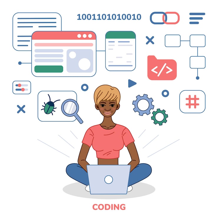 Vector programmer tester female character cartoon illustration african american woman software developer at computer finding program bugs testing coding programming concept flat vector illustration