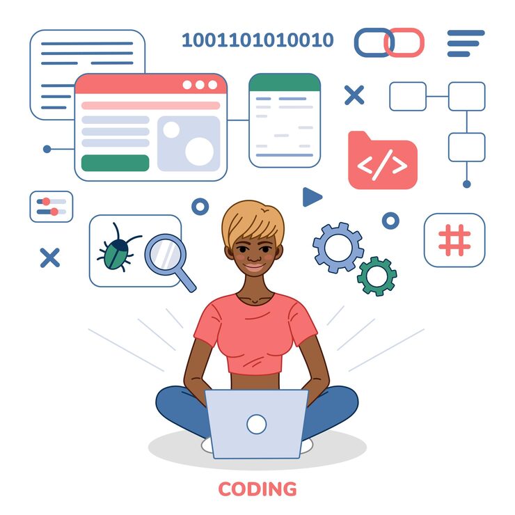 Vector programmer tester female character cartoon illustration african american woman software developer at computer finding program bugs testing coding programming concept flat vector illustration