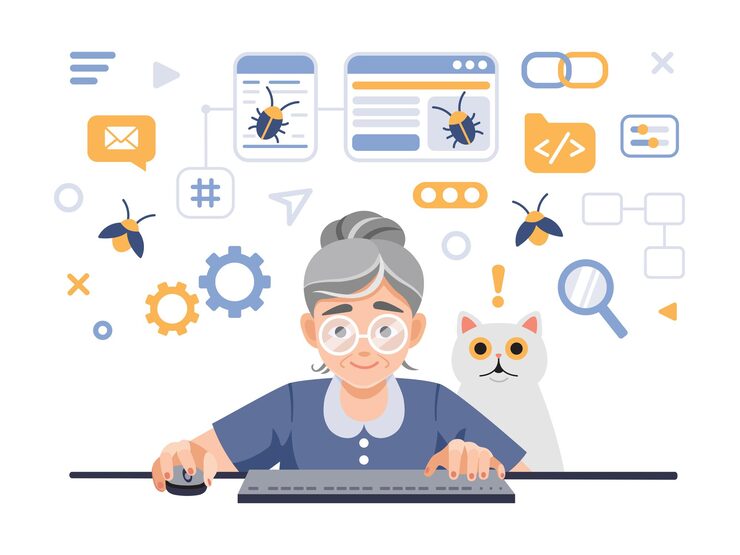 Vector programmer tester female character cartoon illustration elderly software tester at computer finding program bugs qa testing debugging concept flat vector illustration isolated on white