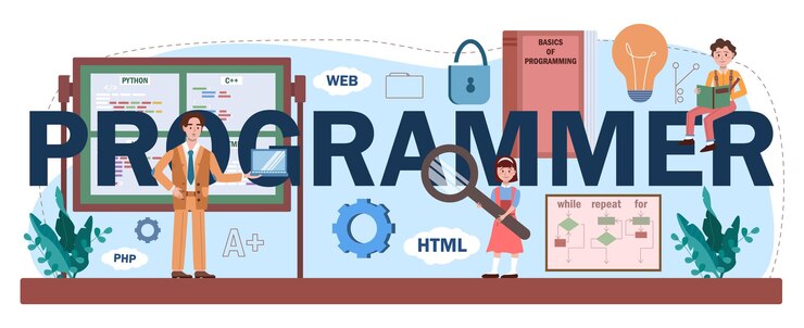 Vector programmer typographic header. students learn computer science, write software and encode script for computer. it education and technology. flat vector illustration.