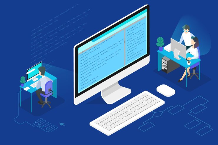 Vector programmer or web developer concept. working on computer, coding and programming software. isometric  illustration