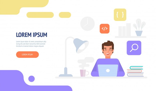 programmer or web engineer at work. programmer programming web site landing page template.