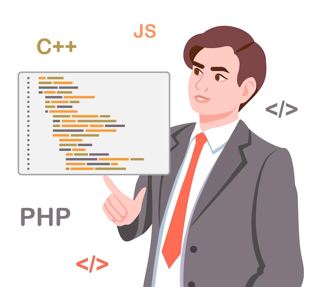 Programmer with code man checks his work finding and eliminating errors programming languages