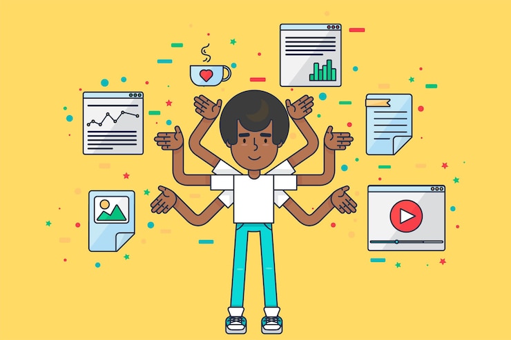 Vector programmer at work. african american seo specialist with many hands busy coding. diverse it technician, web designer, developer and computer engineer concept flat vector illustration