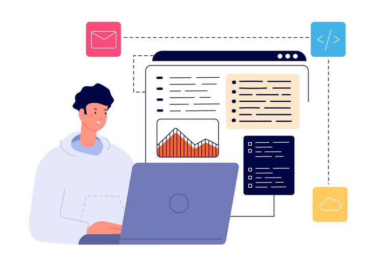 Vector 程序员在工作中 设计与计算机过度工作 开发者测试程序 执行商人互联网应用程序工程 完全向量概念