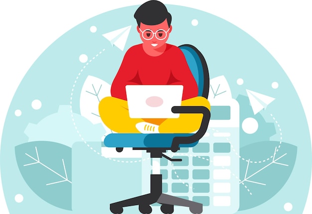 programmer at work man sitting in lotus pose with laptop on a office chair and working