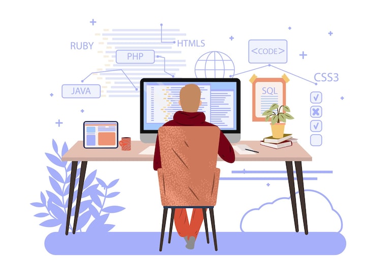 Vector programmer working on computer engineering or coding website php python javascript vector concept