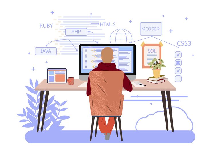 Vector programmer working on computer engineering or coding website php python javascript vector concept