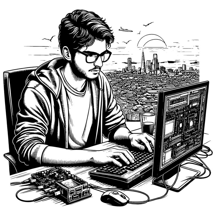 Vector programmer working on computer hardware with code on screen black and white vector generative ai