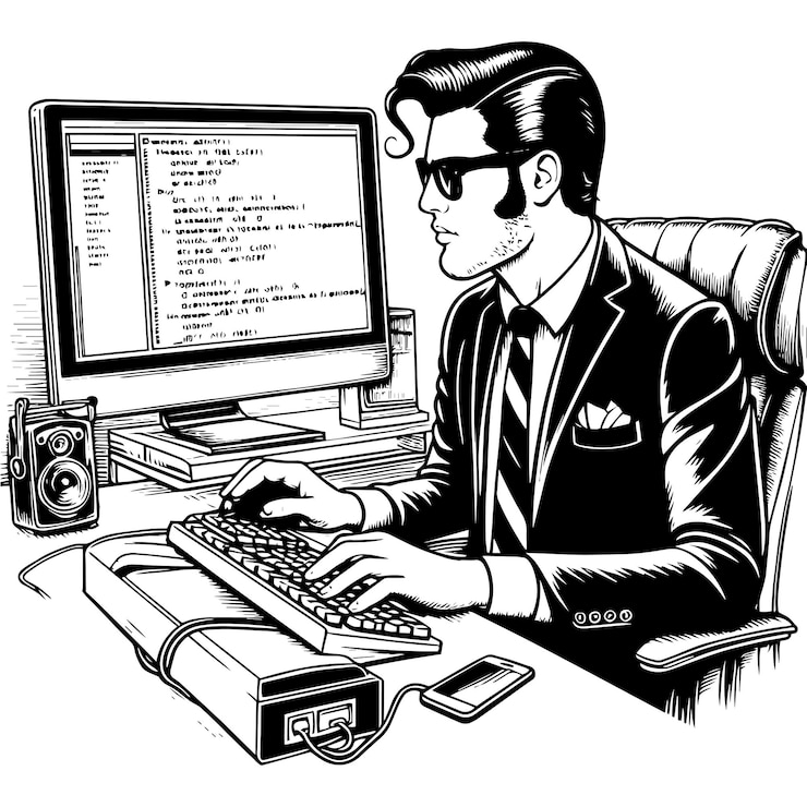 Vector programmer working on computer hardware with code on screen black and white vector generative ai