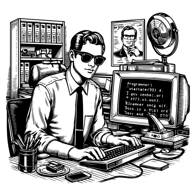 programmer working on computer hardware with code on screen black and white vector generative ai
