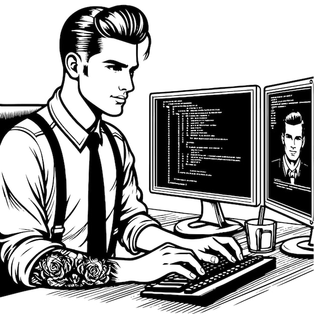 programmer working on computer hardware with code on screen black and white vector generative ai