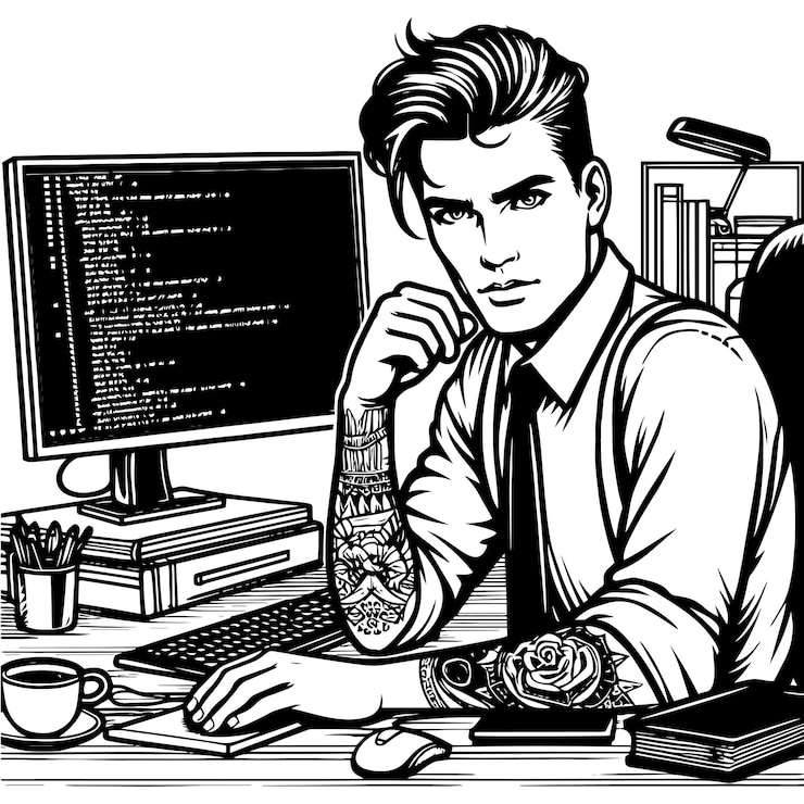 Vector programmer working on computer hardware with code on screen black and white vector generative ai