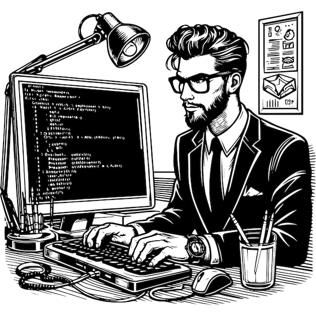 programmer working on computer hardware with code on screen black and white vector generative ai