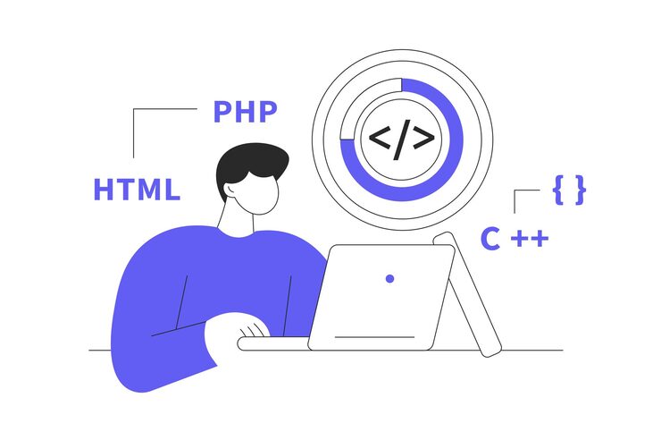Vector programmer working concept web man searching program bugs in code creating quality report program