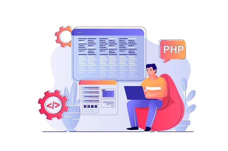 Vector programmer working concept with people scene man programming at computer creates software coding at laptop testing and fixing bugs vector illustration with characters in flat design for web