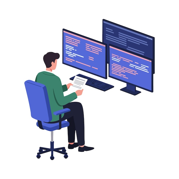 Programmer working at desk with multiple monitors displaying code in dark mode technology setup for software development vector illustration