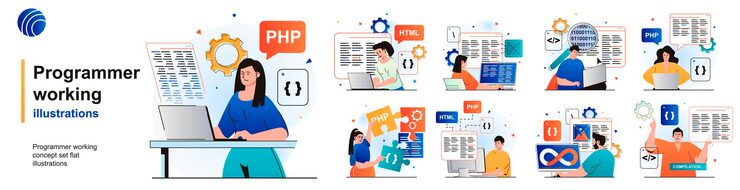Vector programmer working isolated set devops coding programming software testing of scenes in flat