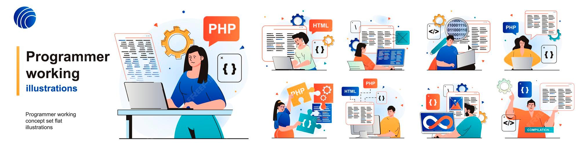 Premium Vector | Programmer working isolated set devops coding ...