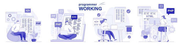 フラットなデザインで分離されたセットで作業するプログラマーコーディングテストプログラミングソフトウェア