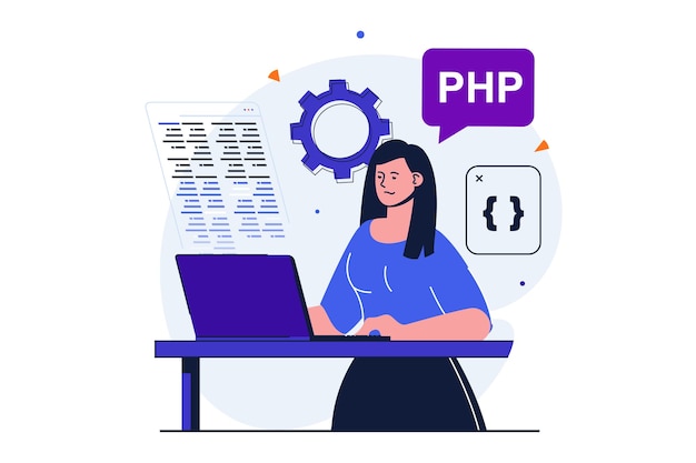 Programmatore che lavora con un moderno concetto piatto per la progettazione di banner web lo sviluppatore femminile lavora su laptop