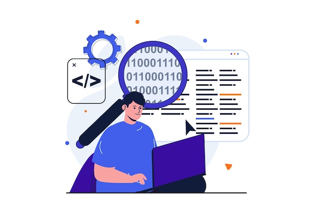 Vettore programmatore che lavora con un moderno concetto piatto per la progettazione di banner web analisi di sviluppatori maschi