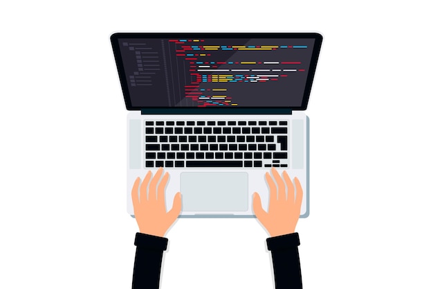 Programmer working on pc laptop with program code on screen top view web development