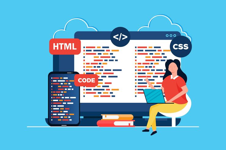 Vector programmer working program or web developer coding on laptop