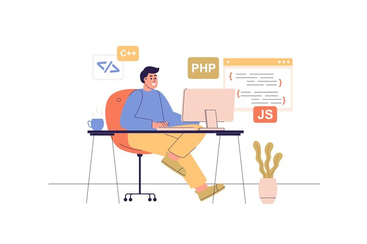 Vector programmer working web concept with people scene developer sitting at computer and making programming project coding at abstract screens character situation in flat design vector illustration