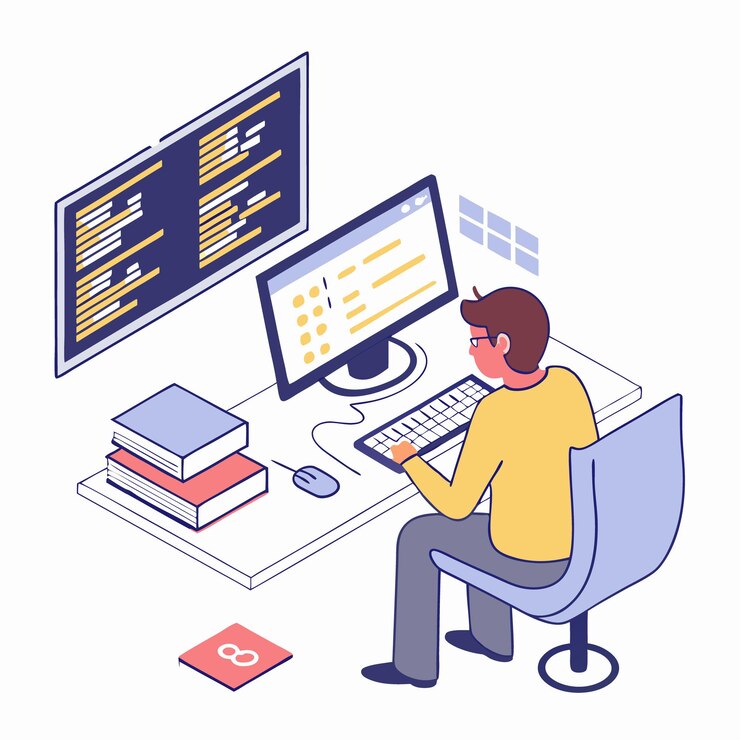 Vector programmer working on web development code engineer programming in python php java script on computer vector illustration professional software developers concept