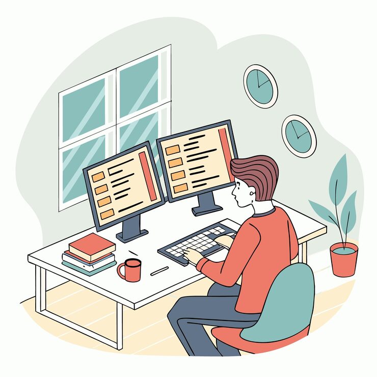 Vector programmer working on web development code engineer programming in python php java script on computer vector illustration professional software developers concept