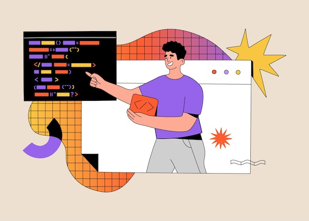 Programmatore che lavora allo sviluppo web sullo schermo del computer. ingegneria del software e concetto di codifica degli script. illustrazione vettoriale disegnato a mano isolato su sfondo chiaro. stile cartone animato piatto moderno.
