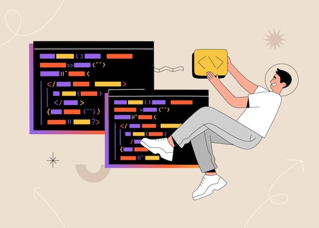 Programmer working on web development on computer screen. software engineering, script coding, programming language. hand drawn vector illustration isolated on light background. flat cartoon style.