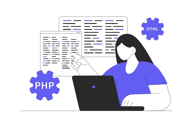 Programmer working Woman programming software at screens engineering developing programs coding