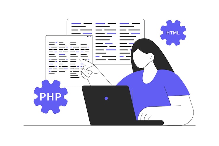 Вектор programmer working woman programming software at screens engineering developing programs coding