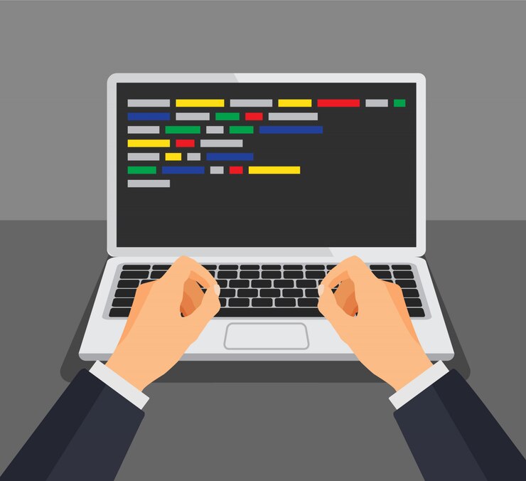 Vector programmer working writing code. man typing on the keyboard with code on the screen. web developer, design, programming. coding concept. isolated illustration.