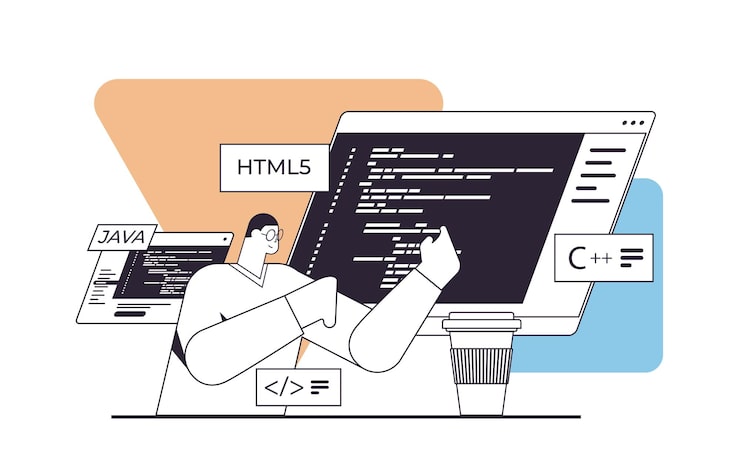 Vector programmer writing code for computer app engineering software coding programming concept horizontal linear vector illustration