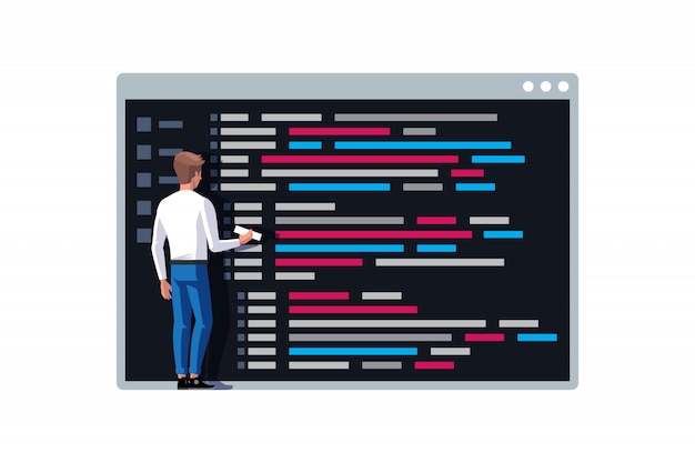 Vector programmer writing a code near console on symbol of command line.