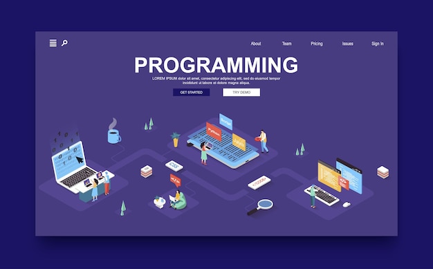 Programmering bedrijfsconcept 3d isometrische bestemmingspagina sjabloon Mensen maken software schrijven code voor programma's die mobiele applicaties testen Vector illustratie in isometrie grafisch ontwerp