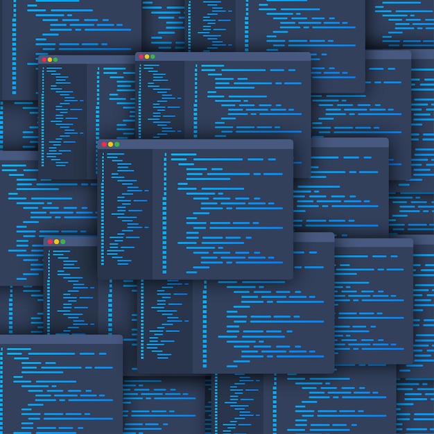 Programmering, web ontwikkelingsconcept. Stickerboomstijl. Code op het scherm laptop. Vector illustratie.