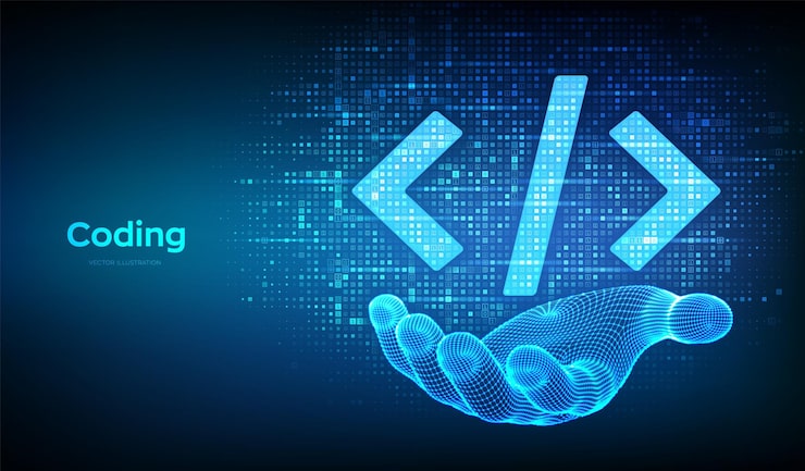 Vector programmeringscode codering of hacker teken programmering code icoon gemaakt met binaire code in wireframe hand