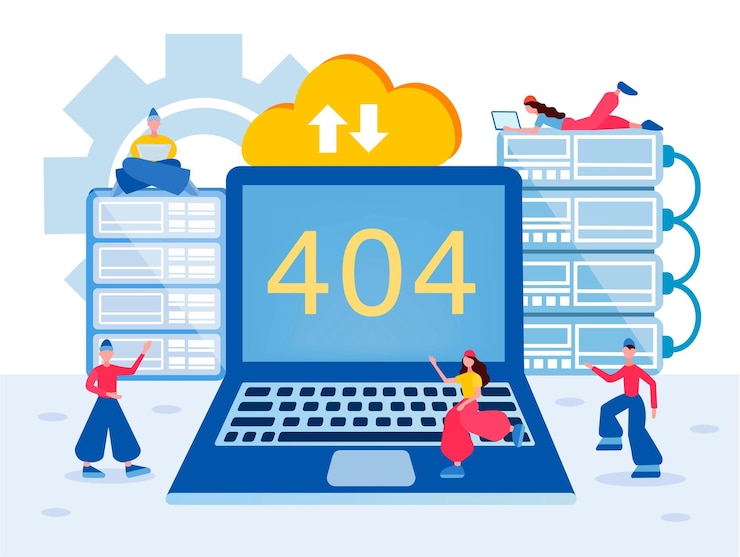Vector programmers are working to fix a bug in the software webpage 404 error 404 vector illustration