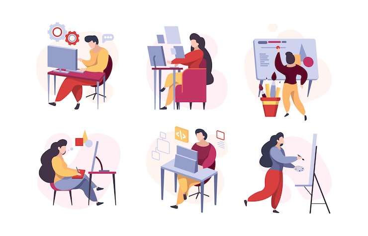 Vector programmers characters. web codders designers working testers mailing writers garish vector illustrations of stylized people. illustration coder work, programmer development