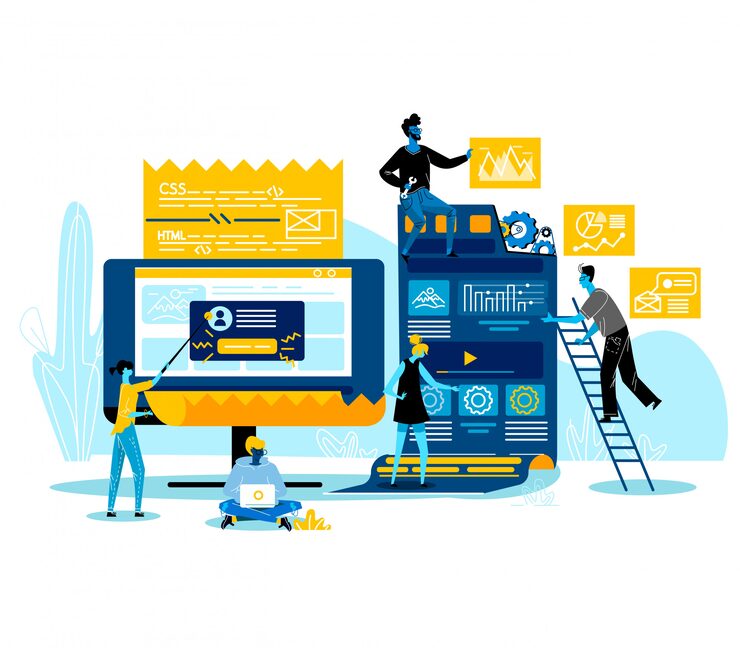 Vector programmers characters working together coding, creating new website, software or application for mobile, creative team, teamworking web development business concept